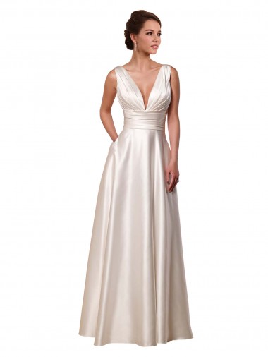 Ivory V-Neck Sleeveless Satin A-Line Wedding Gowns Windon