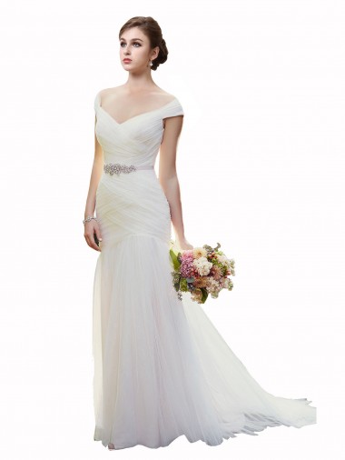 Ivory Off the Shoulder Sleeveless Tulle Mermaid Beach Wedding Dress Windon