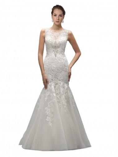 Ivory Illusion Neck Sleeveless Tulle & Lace Long Mermaid Wedding Dress Windon