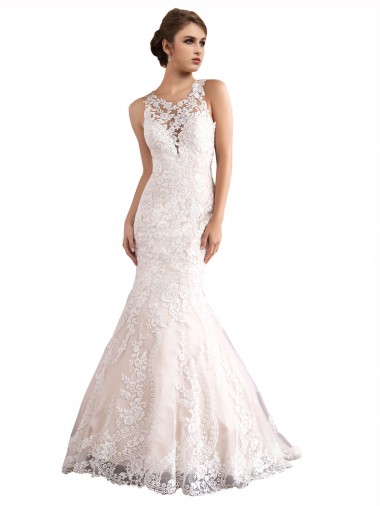 Ivory & Champagne Illusion Neck Sleeveless Tulle & Lace Mermaid Wedding Dress Windon