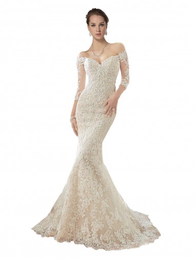 Ivory & Champagne Off the Shoulder Long Sleeves Mermaid Wedding Dress Windon
