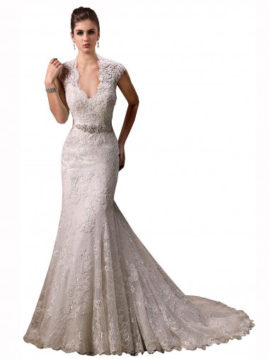 Ivory V-Neck Cap Sleeves Mermaid Wedding Dresses Windon