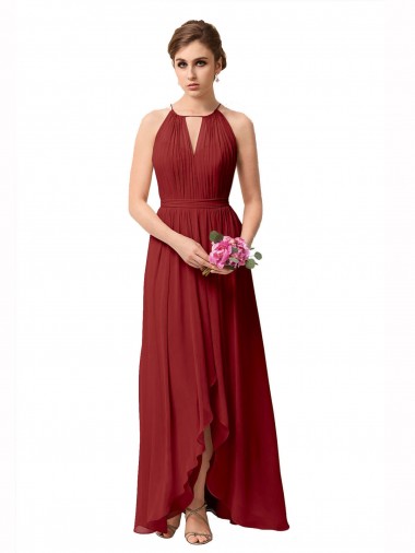 Burgundy High Neck Sleeveless A-Line High Low Bridesmaid Dress Windon