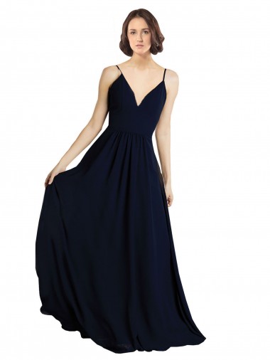 Dark Navy V-Neck Sleeveless A-Line Bridesmaid Dress & Gowns Windon