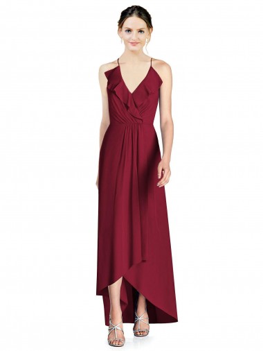 Burgundy V-Neck Sleeveless Open Back A-Line High Low Bridesmaid Dress Windon