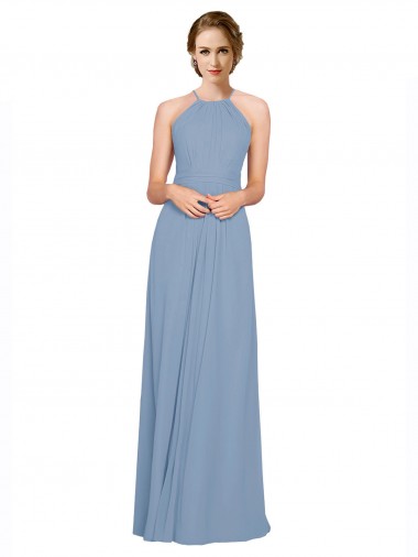 Dusty Blue High Neck Sleeveless Open Back A-Line Bridesmaid Dress / Evening Dress Windon