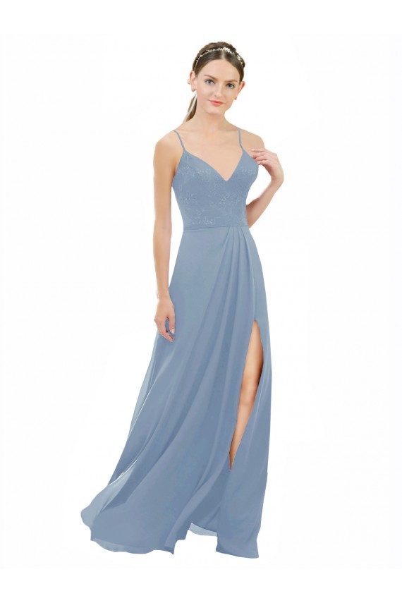 Dusty Blue V-Neck Sleeveless Keyhole Back A-Line Bridesmaid Dress Windon