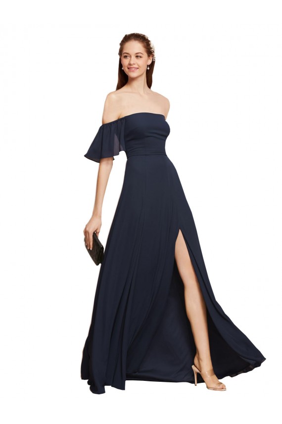Dark Navy Off the Shoulder Sleeveless A-Line Prom Dress / Bridesmaid Dress Windon
