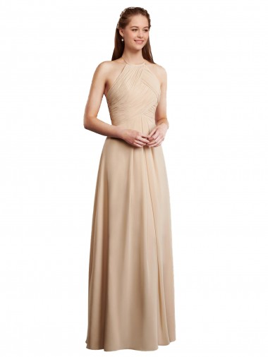 Champagne Halter Neck Sleeveless Low Back A-Line Bridesmaid Dress Windon