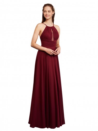 Burgundy Halter Neck Sleeveless Open Back A-Line Bridesmaid Dress / Evening Dress Windon