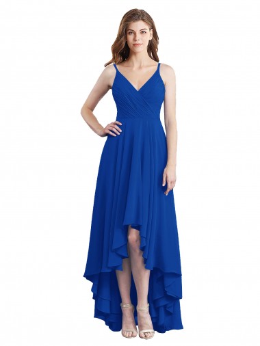 Royal Blue Spaghetti Straps Sleeveless Open Back A-Line High Low Bridesmaid Dress Windon