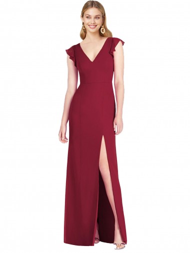 Burgundy V-Neck Ruffle Sleeves Tie Back Mermaid Bridesmaid Dress Windon