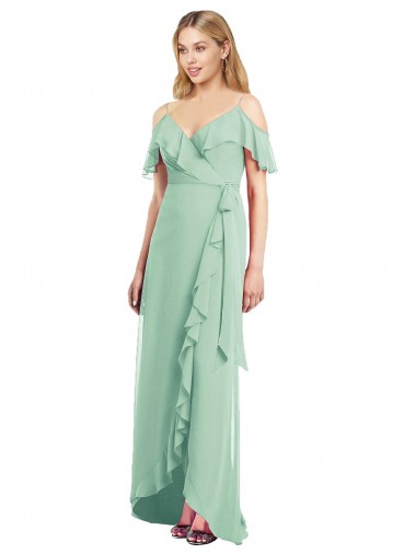 Mint Green V-Neck Cold Shoulder Trumpet High Low Bridesmaid Dress Windon