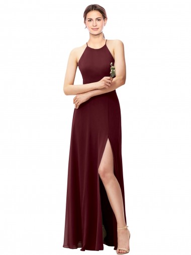 Burgundy Gold High Neck Sleeveless Open Back A-Line Bridesmaid Dress Windon