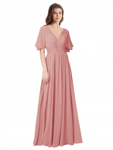 Bliss Pink V-Neck Flutter Sleeves V-Back A-Line Bridesmaid Dress Windon