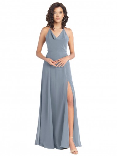Dusty Blue Cowl Neck Sleeveless V-Back A-Line Bridesmaid Dress Windon