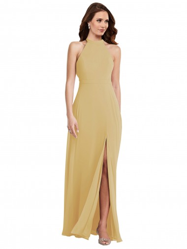 Gold Halter Neck Sleeveless Open Back A-Line Semi Formal Evening Dress / Bridesmaid Dress Windon