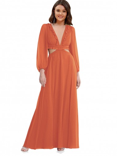 Firecracker V-Neck Long Sleeves Open Back A-Line High Low Evening Gown / Bridesmaid Dress Windon