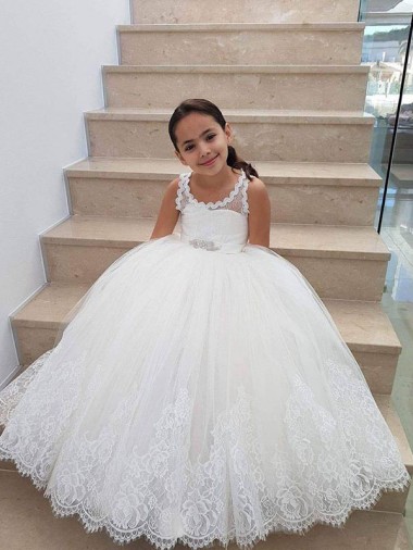 Ivory High Neck Sleeveless Keyhole Back Ball Gown Flower Girl Dress for Wedding Windon