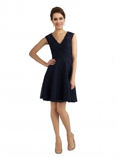 Dark Navy V-Neck Sleeveless Lace A-Line Bridesmaid Dress / Evening Dress Windon