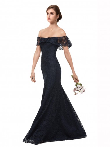 Dark Navy Off the Shoulder Flutter Sleeves Mermaid Prom Dress / Bridesmaid Dress Windon