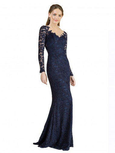 Dark Navy Sweetheart Long Sleeves Keyhole Back Mermaid Prom Dress / Bridesmaid Dress Windon