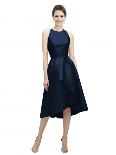 Dark Navy Jewel Neck Sleeveless A-Line High Low Bridesmaid Dress Windon