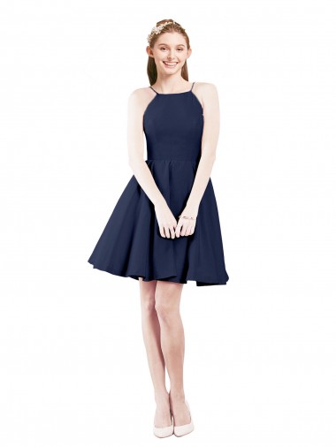 Dark Navy Halter Neck Sleeveless Open Back A-Line Bridesmaid Gown Windon