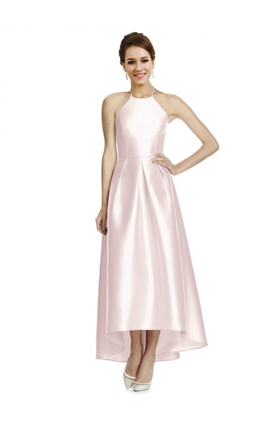Pink Halter Neck Sleeveless Open Back A-Line High Low Bridesmaid Dress Windon