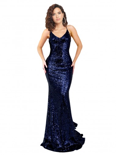 Dark Navy V-Neck Sleeveless Open Back Mermaid Formal Evening Gown / Prom Dress / Bridesmaid Dress Windon