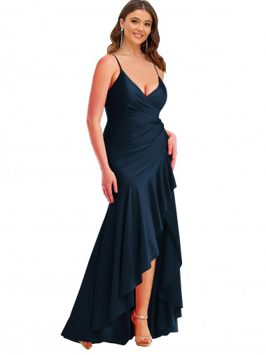Dark Navy Spaghetti Straps Sleeveless Mermaid High Low Plus Size Evening Gown / Prom Dress / Bridesmaid Dress Windon