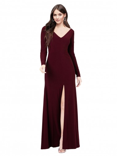 Burgundy Gold V-Neck Long Sleeves V-Back Sheath Prom Dress / Bridesmaid Dress Windon