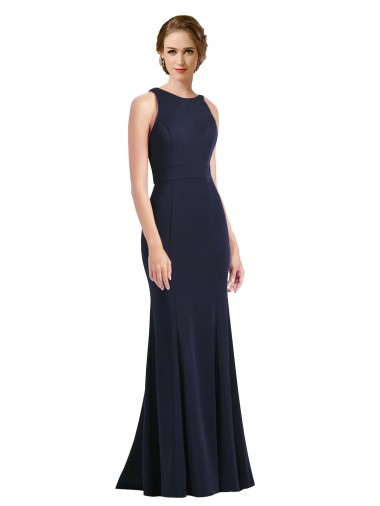 Dark Navy High Neck Sleeveless Keyhole Back Sheath Black Tie Prom Dress / Bridesmaid Dress Windon