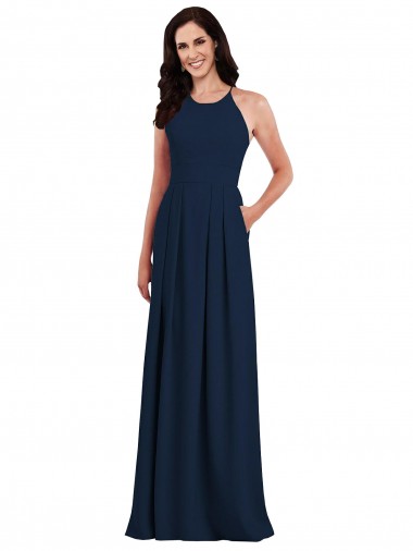 Dark Navy Halter Neck Sleeveless Open Back Trumpet Semi Formal Evening Dress / Bridesmaid Dress Windon