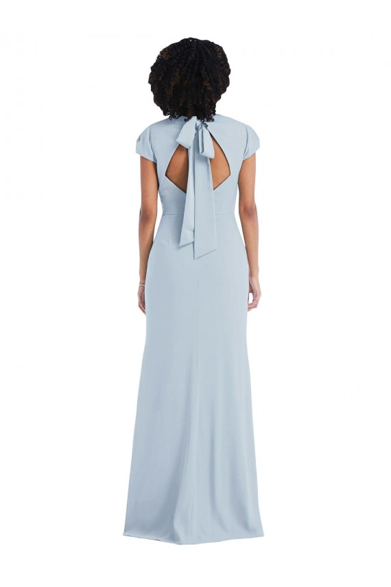 Light Sky Blue Jewel Neck Cap Sleeves Keyhole Back Trumpet Semi Formal Evening Dress / Bridesmaid Dress Windon