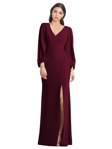 Burgundy Gold V-Neck Puff Sleeves Trumpet Semi Formal Evening Dress / Prom Dress / Bridesmaid Dress Windon