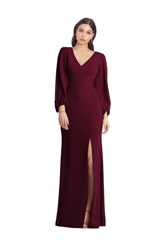 Burgundy Gold V-Neck Puff Sleeves Trumpet Semi Formal Evening Dress / Prom Dress / Bridesmaid Dress Windon