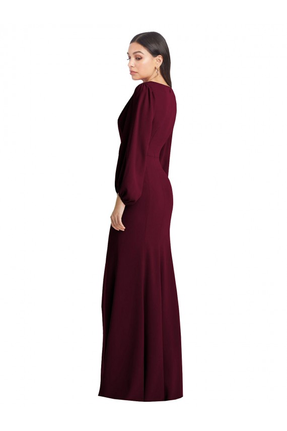 Burgundy Gold V-Neck Puff Sleeves Trumpet Semi Formal Evening Dress / Prom Dress / Bridesmaid Dress Windon