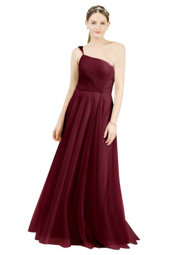 Burgundy One Shoulder Sleeveless Tulle A-Line Semi Formal Evening Dress / Bridesmaid Dress Windon