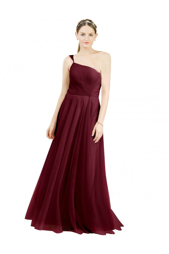 Burgundy One Shoulder Sleeveless Tulle A-Line Semi Formal Evening Dress / Bridesmaid Dress Windon