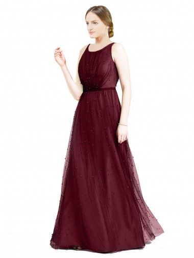 Burgundy Boat Neck Sleeveless Keyhole Back A-Line Semi Formal Evening Dress / Bridesmaid Dress Windon