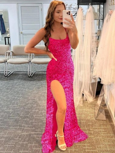Fuchsia Spaghetti Straps Sleeveless Sheath Prom Dress / Evening Gown Windon