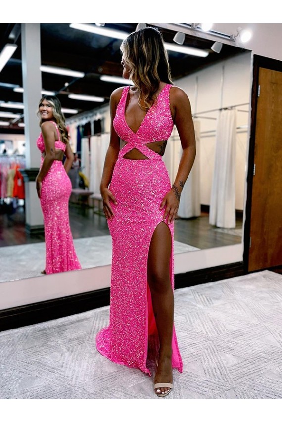 V-Neck Sleeveless Velvet Sequin Long Sheath Evening Dress Windon
