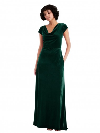 Dark Green Cowl Neck Cap Sleeves A-Line Black Tie Evening Gown / Prom Dress / Bridesmaid Dress Windon