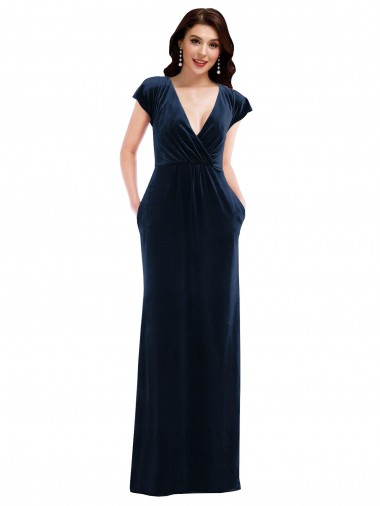Dark Navy V-Neck Flutter Sleeves A-Line Formal Dress / Bridesmaid Dress Windon