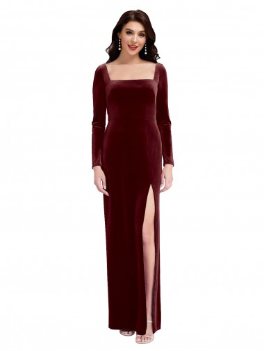 Burgundy Square Neck Long Sleeves Low Back A-Line Prom Dress / Bridesmaid Dress Windon