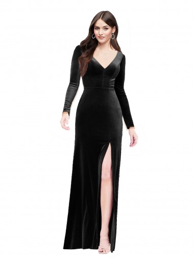 Black V-Neck Long Sleeves V-Back Column Formal Evening Gown / Prom Dress / Bridesmaid Dress Windon