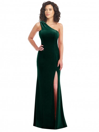 Dark Green One Shoulder Sleeveless Trumpet Black Tie Prom Dress / Bridesmaid Dress Windon