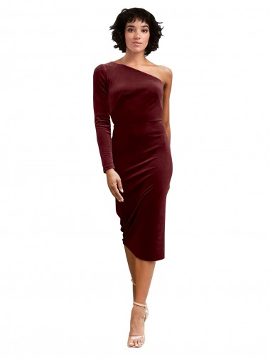 Burgundy One Shoulder Long Sleeves A-Line Black Tie Prom Dress / Bridesmaid Dress Windon